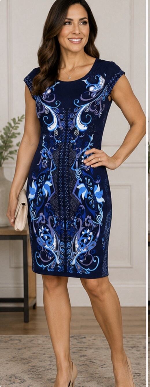 Julian Taylor New York Dress Women’s 10 Navy Blue Scroll Floral Print Sheath